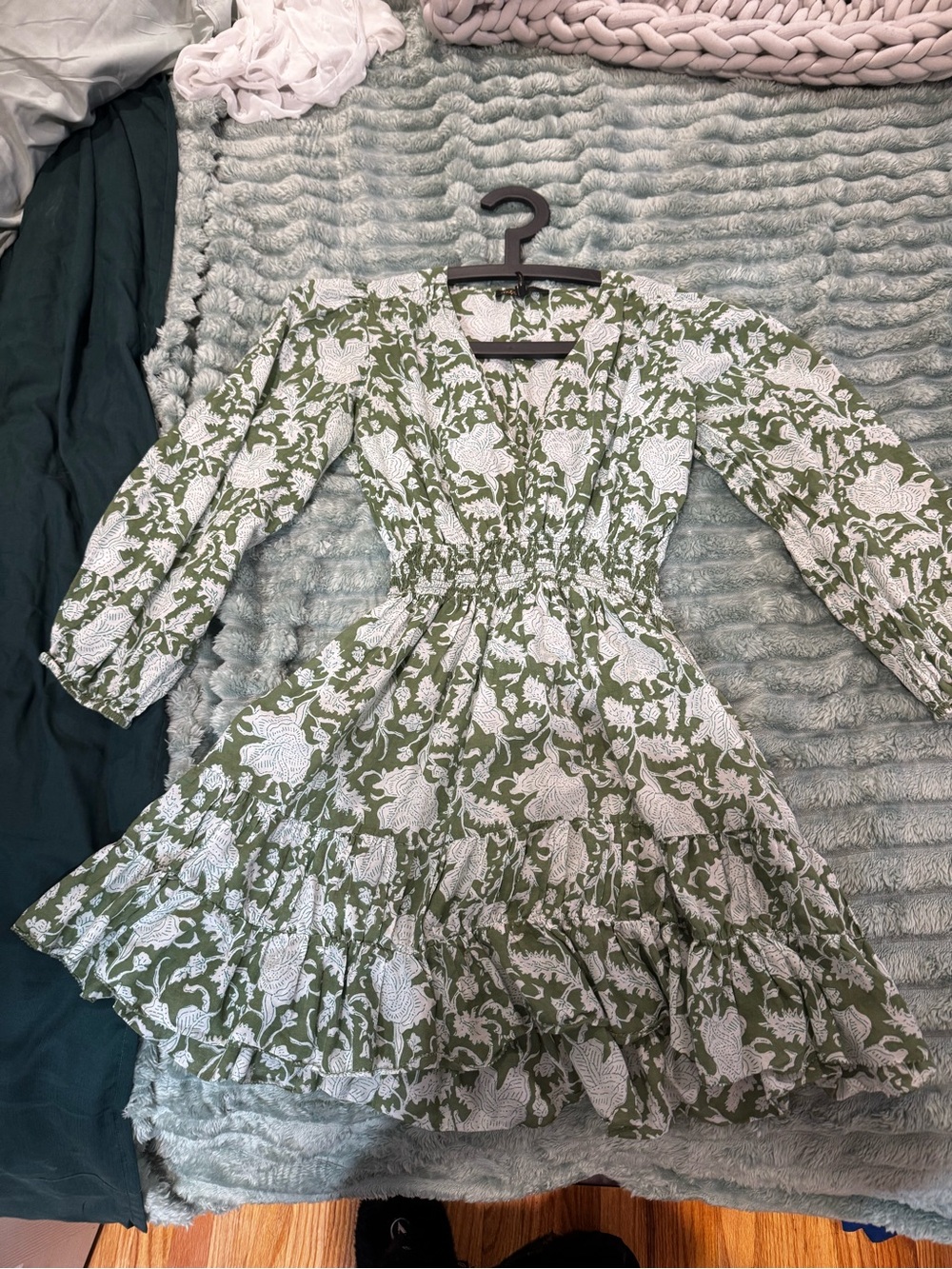 Maje Green and White Floral Tiered Long-Sleeve Dress WOMEN’S